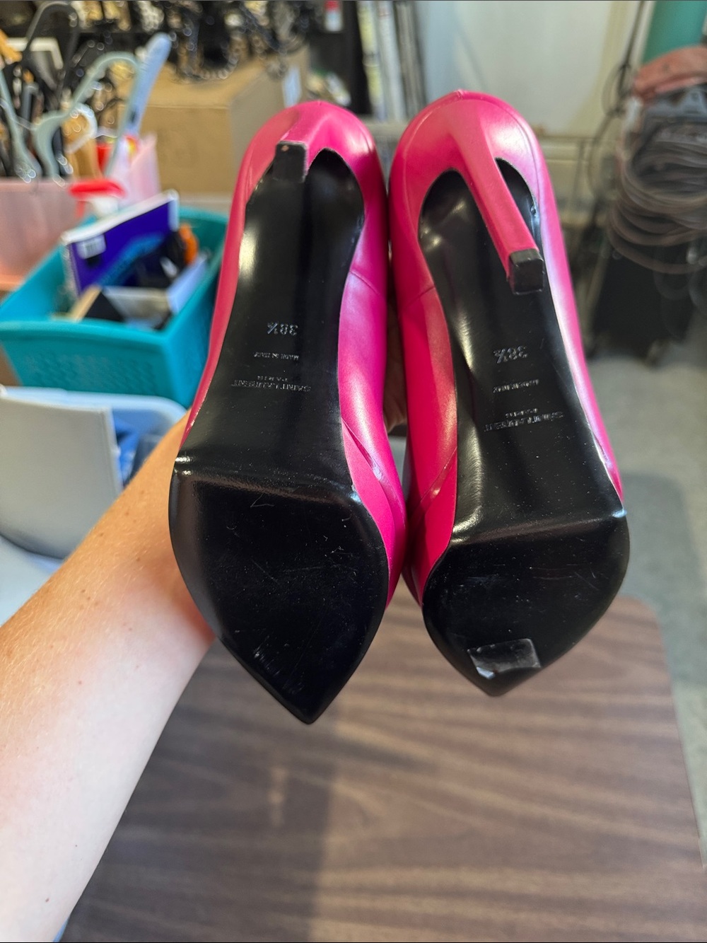 Saint Laurent Hot Pink Pointed-Toe Leather Pumps - Picture 3 of 3